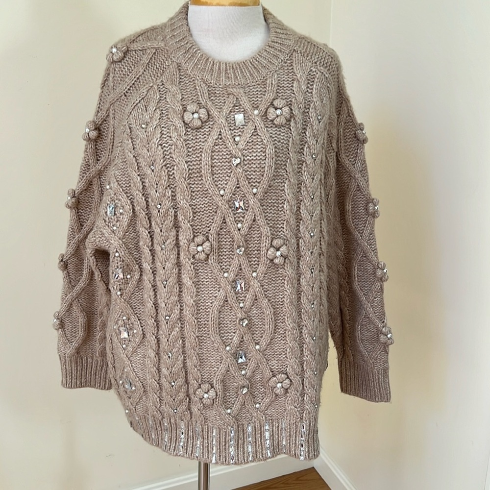 Zara medium tan knit rhinestone pearl sweater.